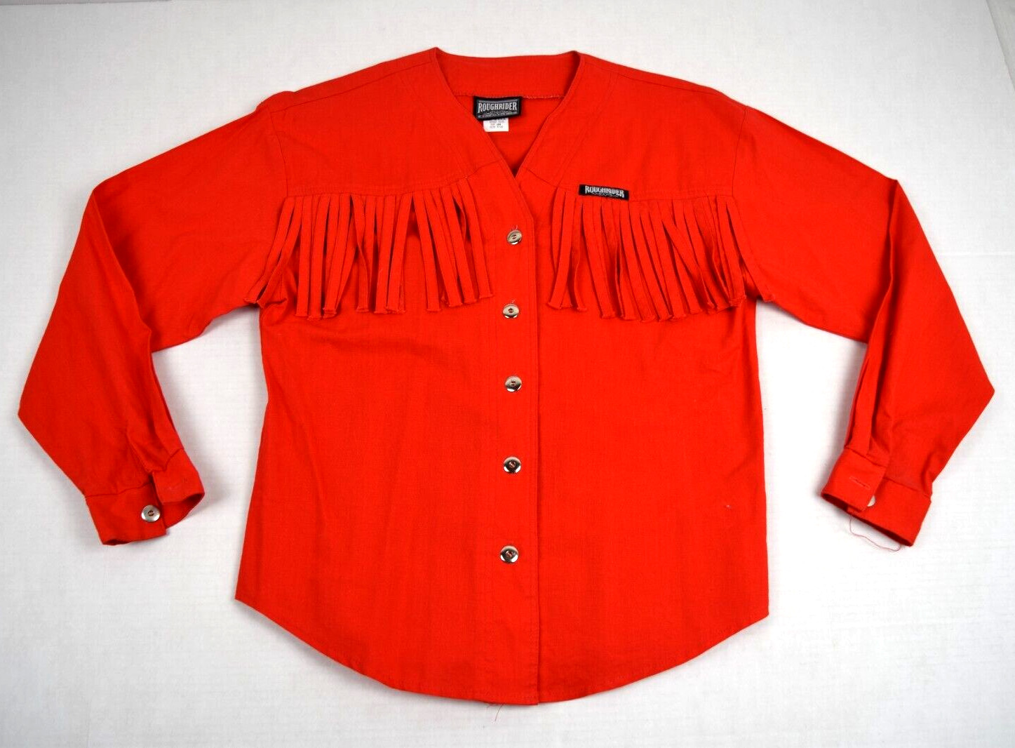 Vintage Western Pearl Snap Shirt Roughrider Size M 80s Orange Fringe Made USA