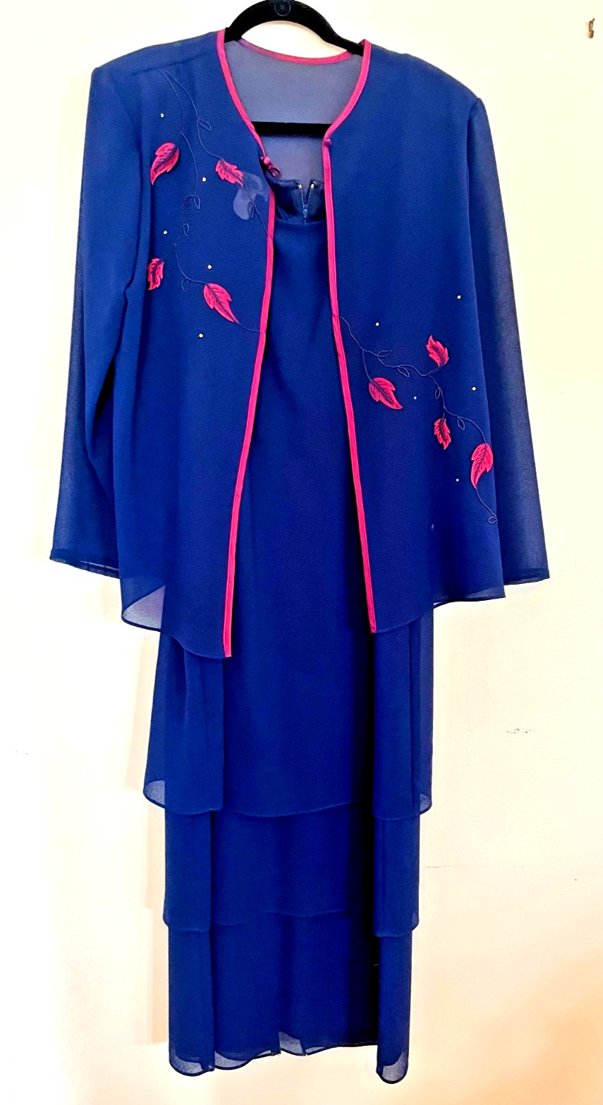 Patra Navy Magenta 2 Piece Jacket Skirt Dress Set Womens 14 USA Vintage