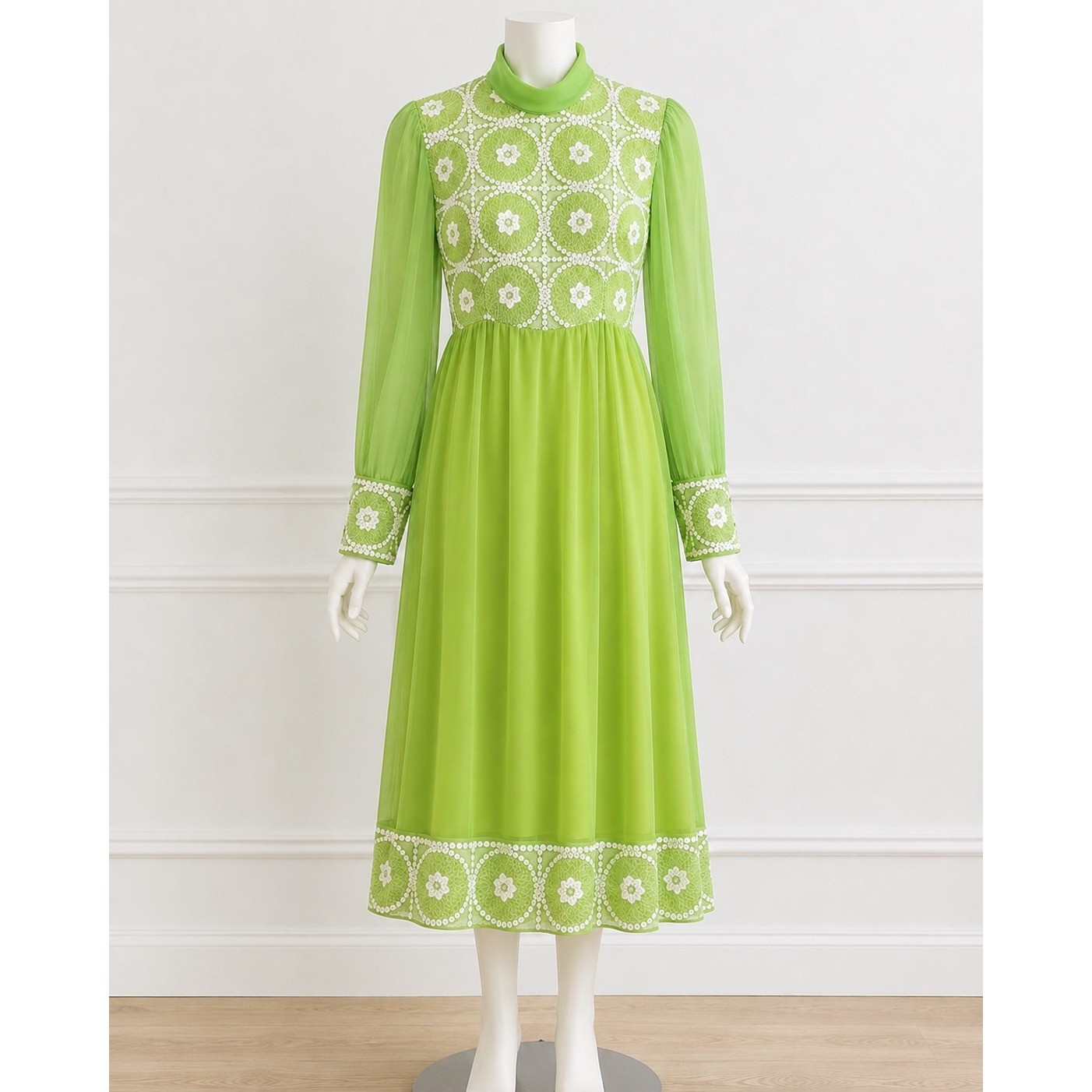 Vintage 1970s Lime Green Chiffon Dress Crochet Sequin Bodice Sheer Sleeve 70s