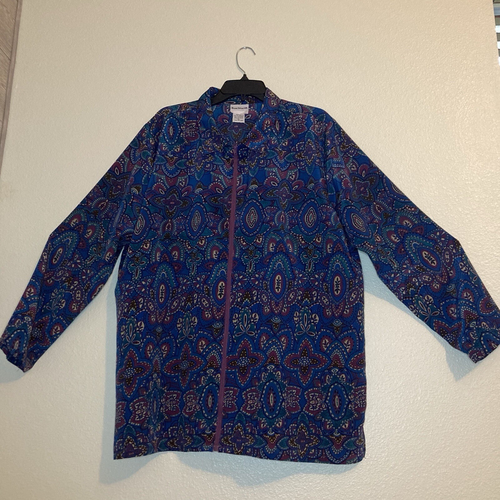 Vintage Bon Worth Blouse Size XL Floral Geometric Boho Hippie Long Sleeve Zip Up