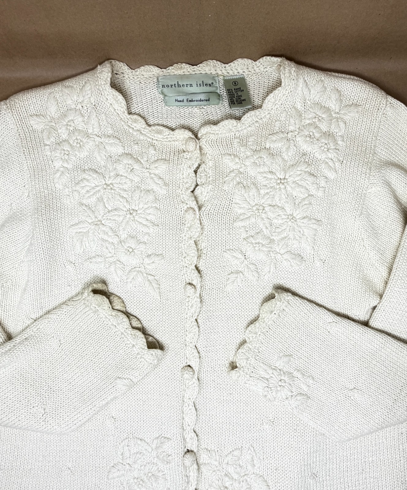 Vtg Northern Isles Hand Embroidered Scalloped Edge Cardigan Sweater-Womens S