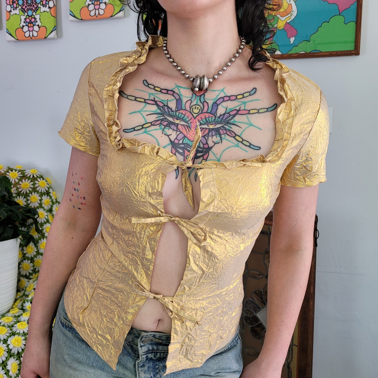 Vtg 60/70s Gold Lamè Crinkle Triple Tie Open Blouse Sexy Glam Holiday Party Sm.