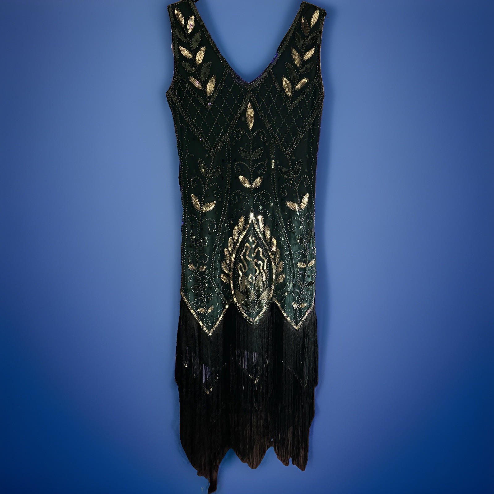 1920s Great Gatsby Art Deco Green Sequins Beaded Fringe Flapper Dress Size SM