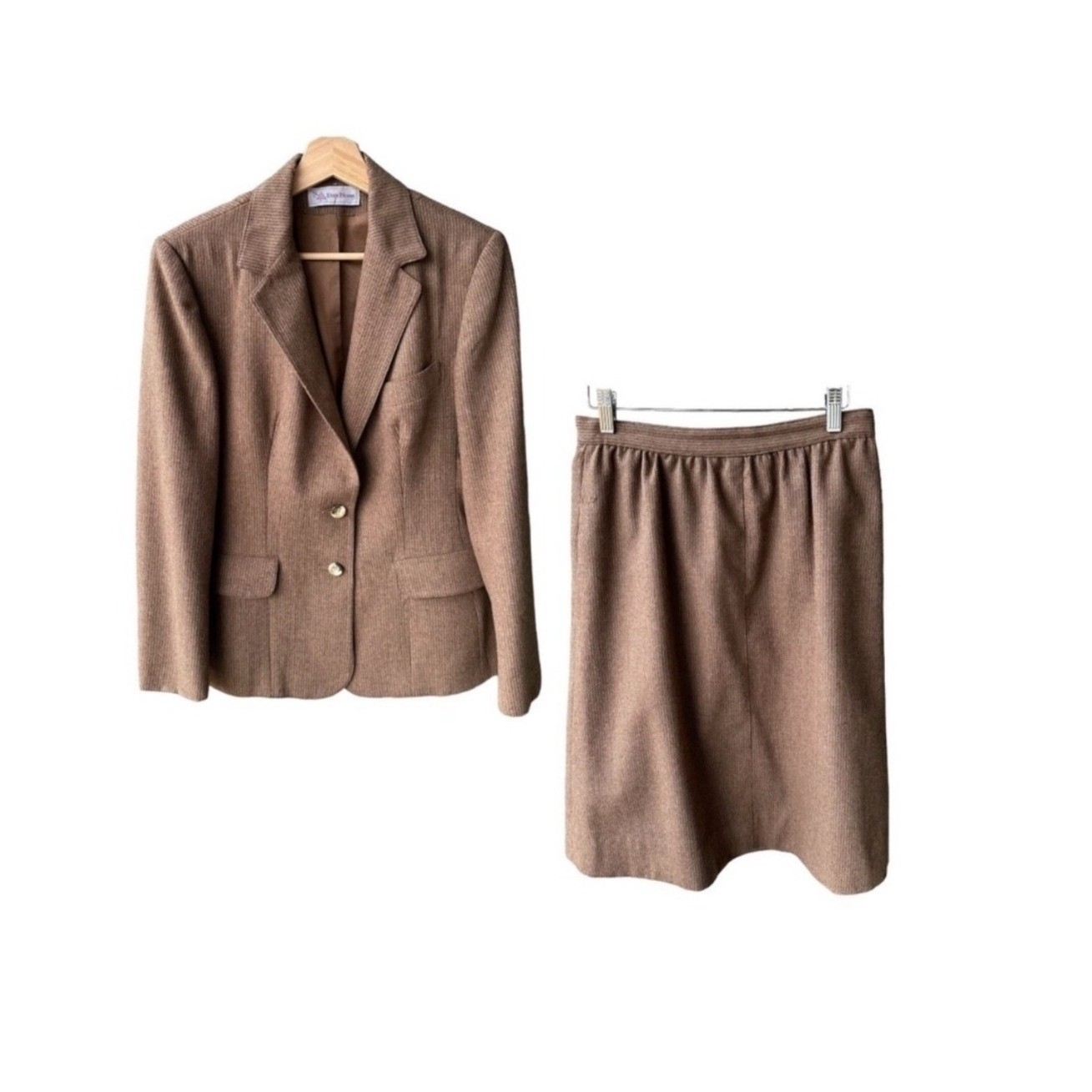 Vintage Evan Picone Suit Set Blazer Skirt Brown Herringbone Business Preppy 16