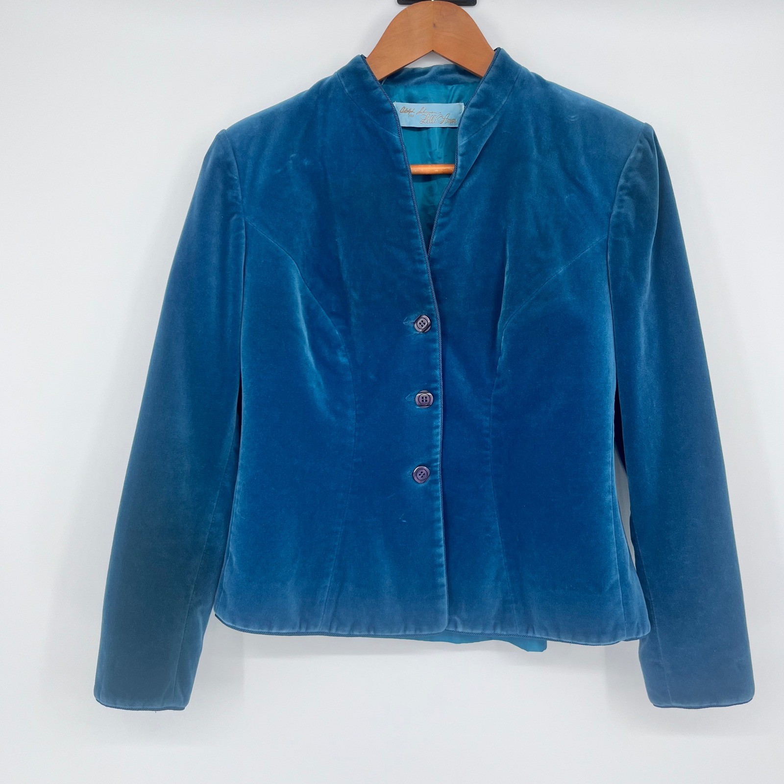 Vintage 70’s Adolph Schumann for Lilli Ann Skirt Suit Womens Teal Blue Velvet