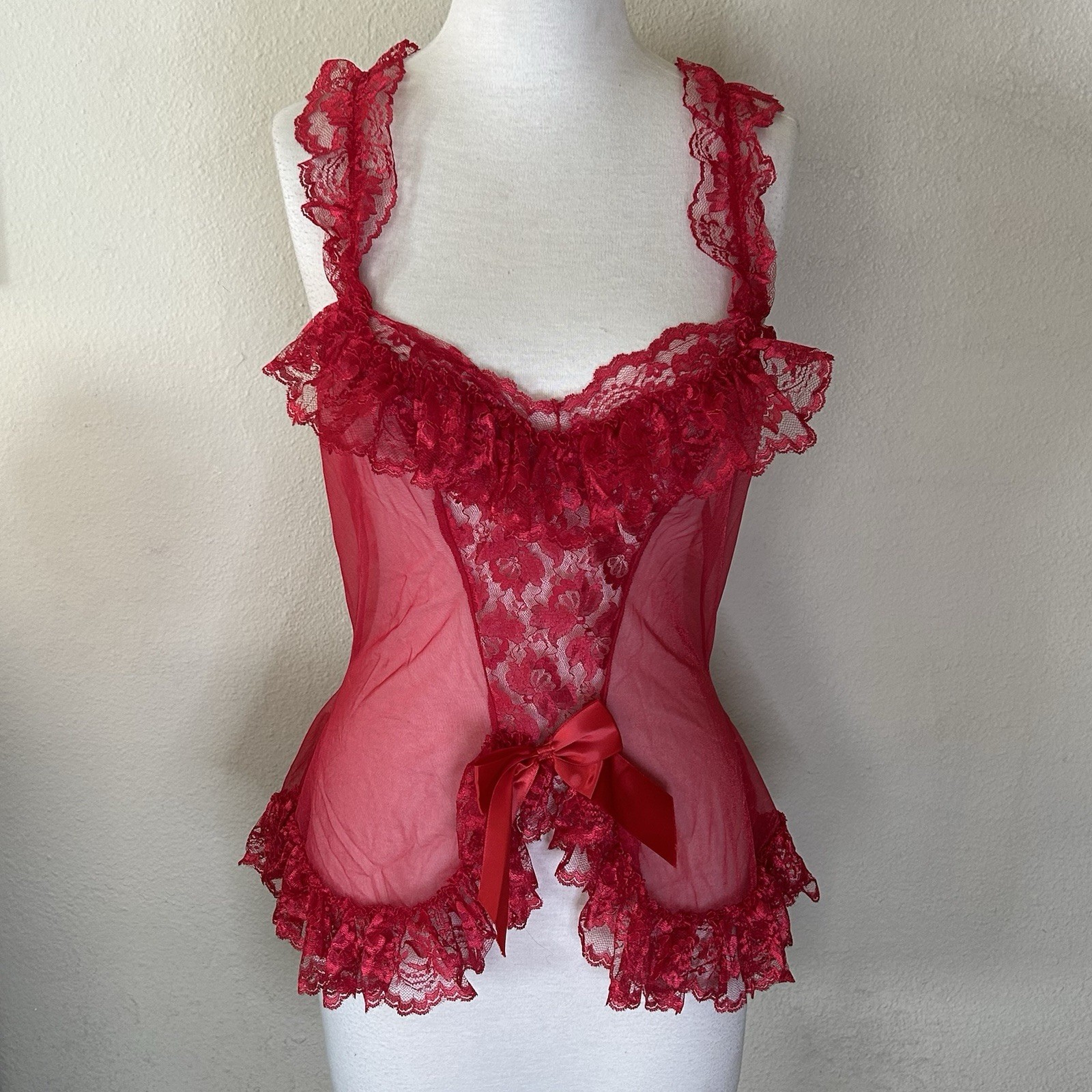 Vintage 80’s Shirley Of Hollywood Red Lace/Sheer Baby Doll Lingerie Size Large