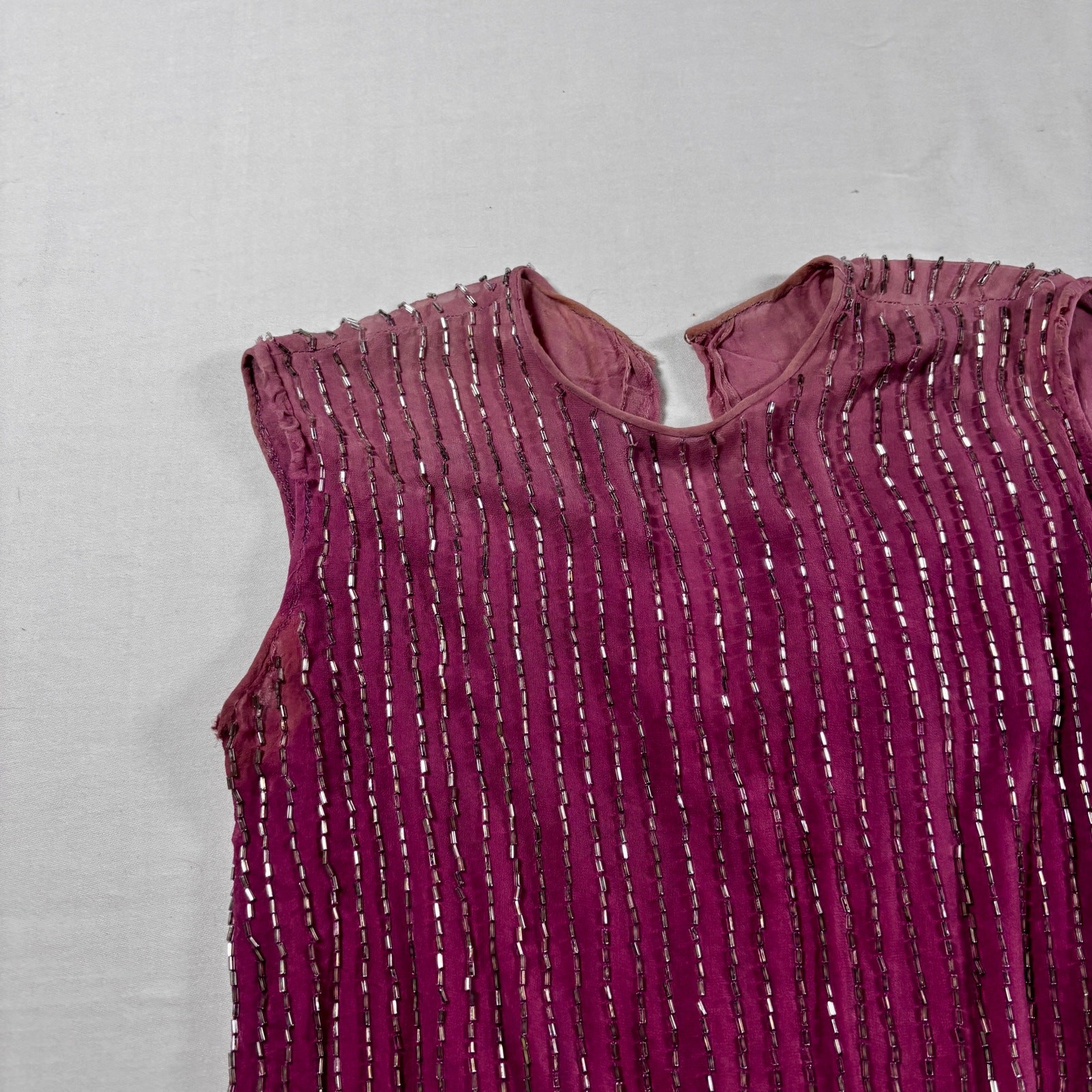 Vintage 60s Beaded Silk 3pc Set Hand Dyed Purple Reworked Sleeveless Skirt Scarf