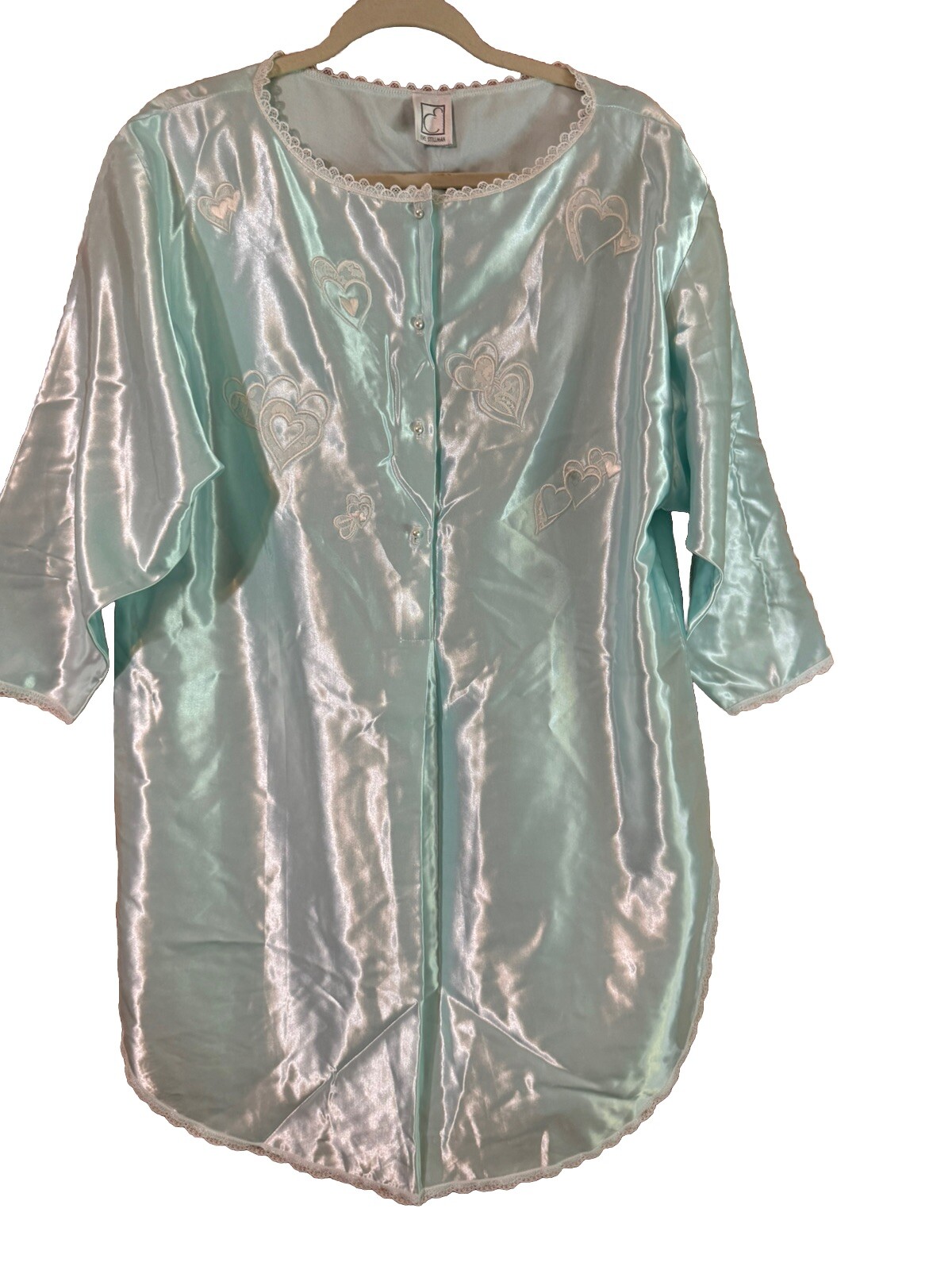 vintage eve stillman nightgown NWOT shiny Baby Blue Large Hearts Valentines Day