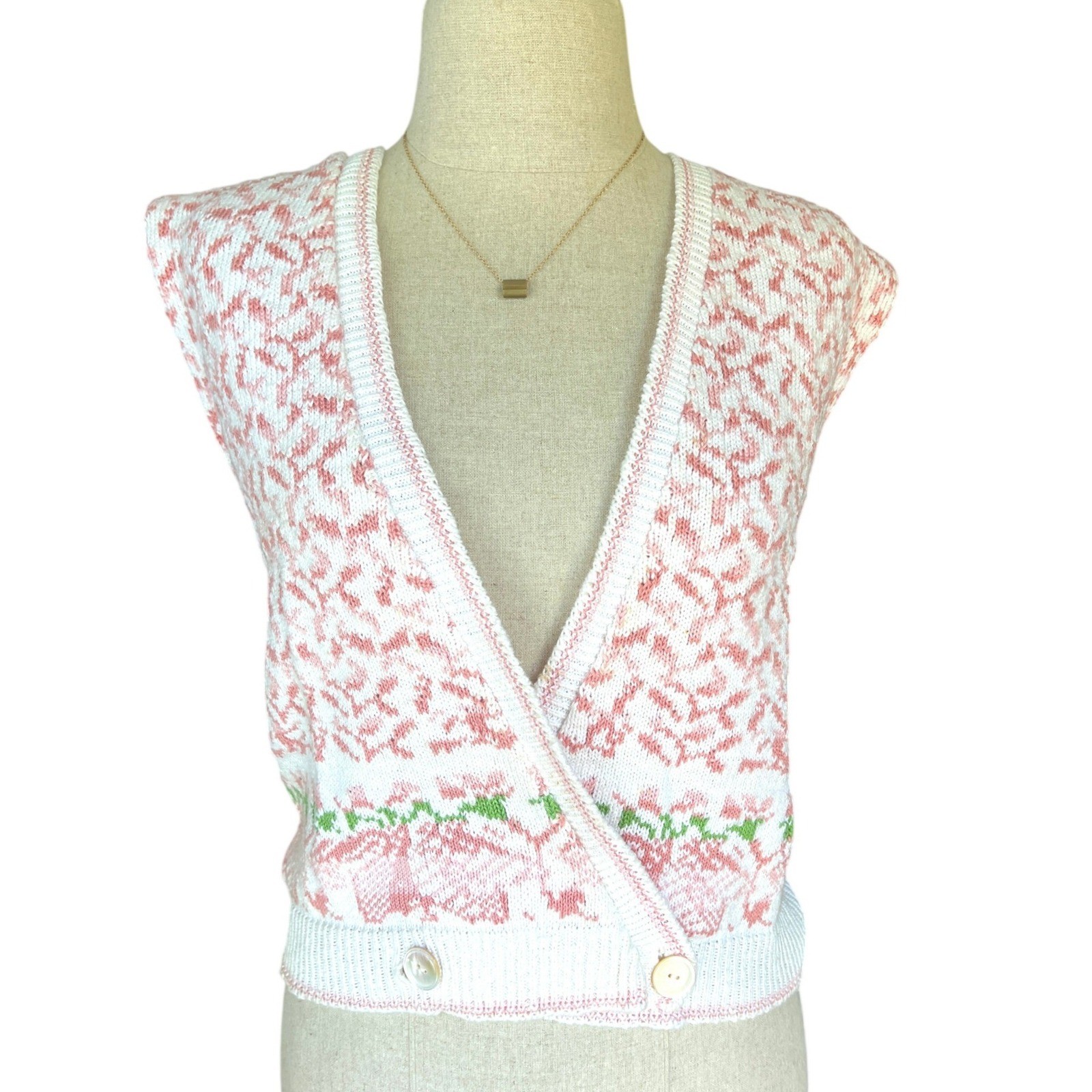 Cullinane Vintage Pink White Floral Knit Wrap Sweater Vest Grandmacore Cottage