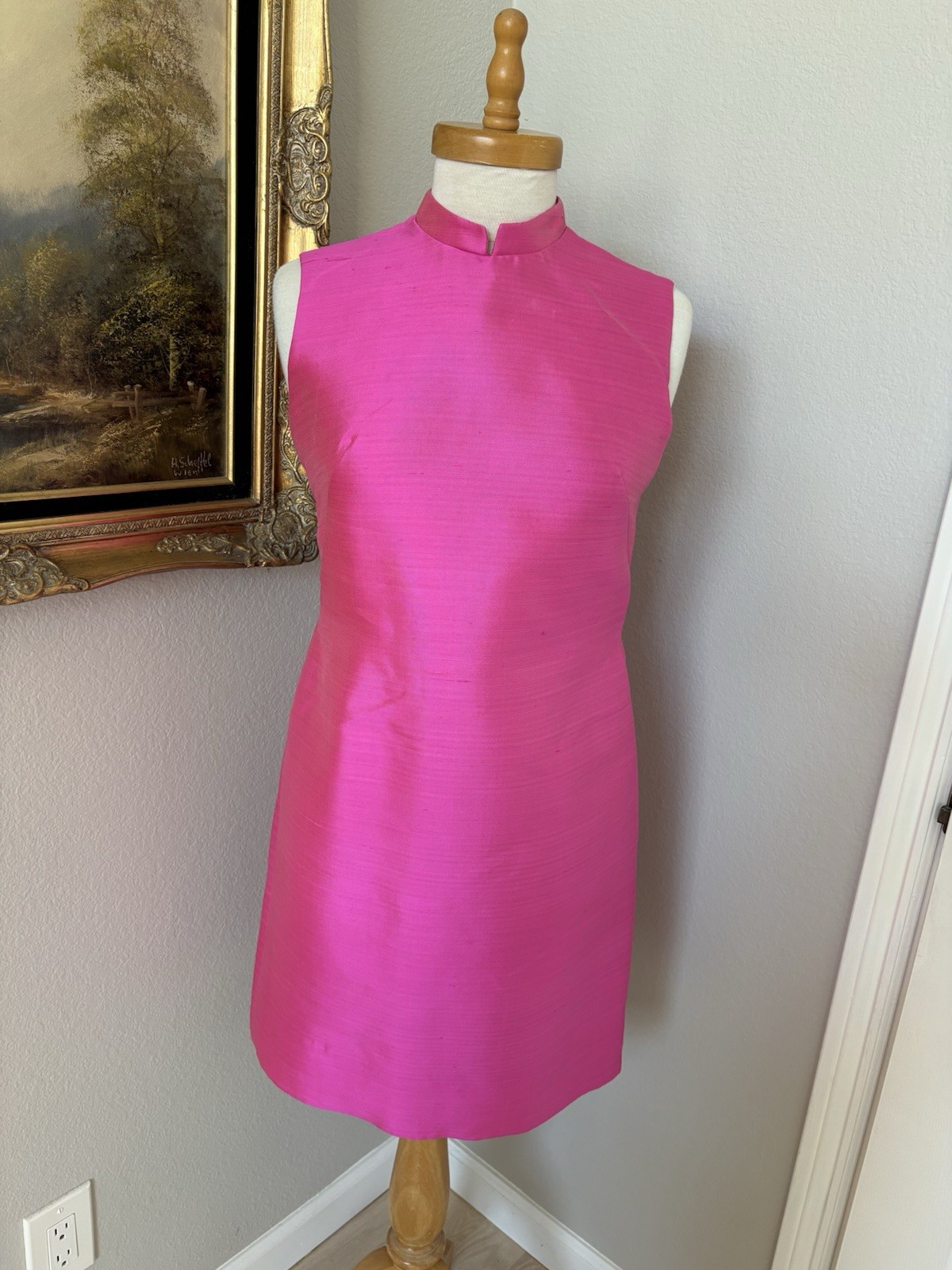 VTG 60s Pink Yellow Stripes Mod GoGo Sz S Party Coat & Dress Dupioni Silk EUC