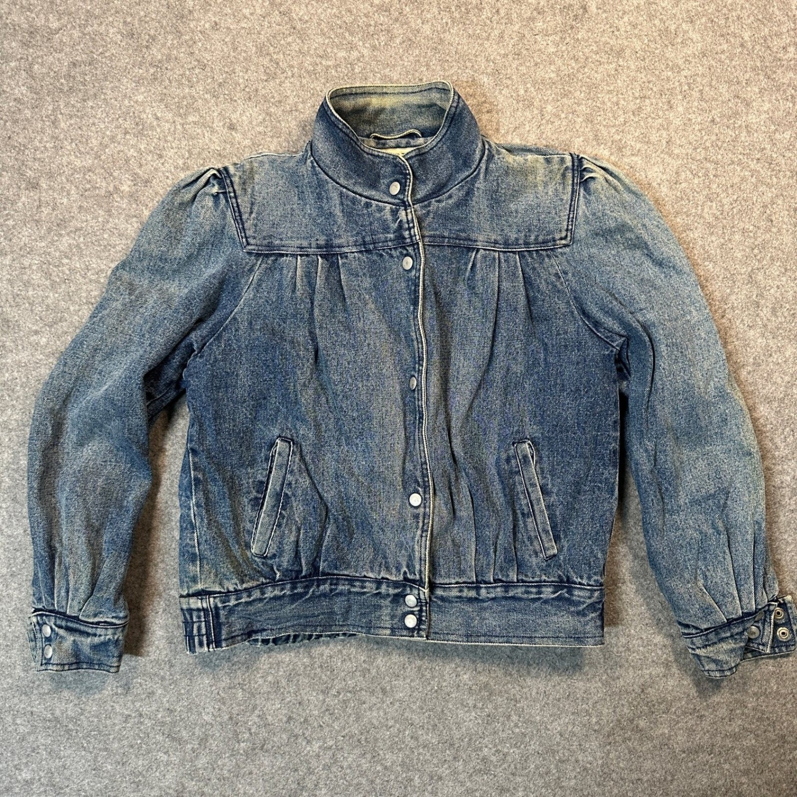 S.B.II by Bitterman Vintage Denim Bomber Jacket Med Blue Puff Sleeve Plaid Lined