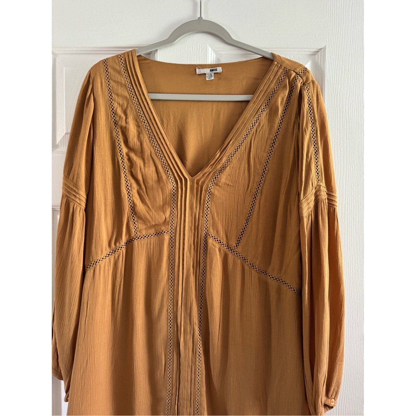 Vici Amuse Berkley Dress Boho Lace Trim Tunic Mini Dress Gold Size L NWT