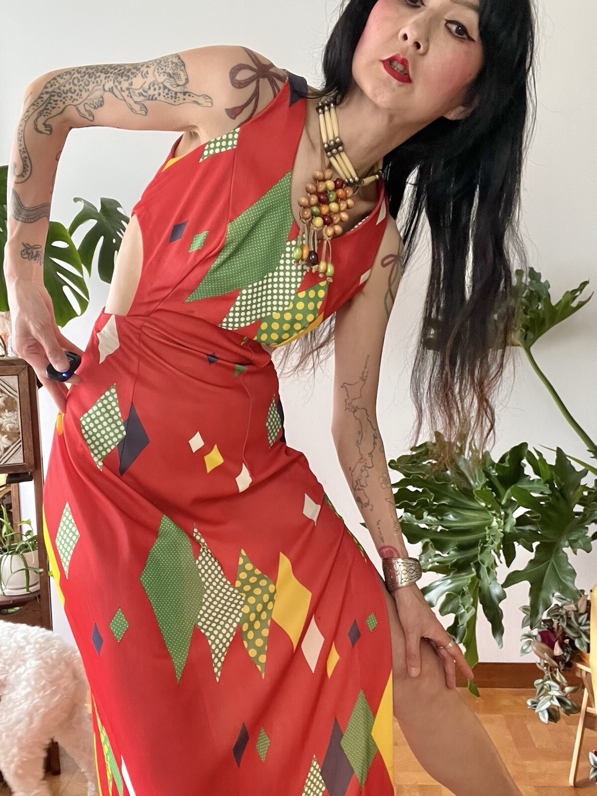 VTG 60s 70s Mod Geometric Cutout Maxi Dress S/M Psych Kitsy Boho Side Slit