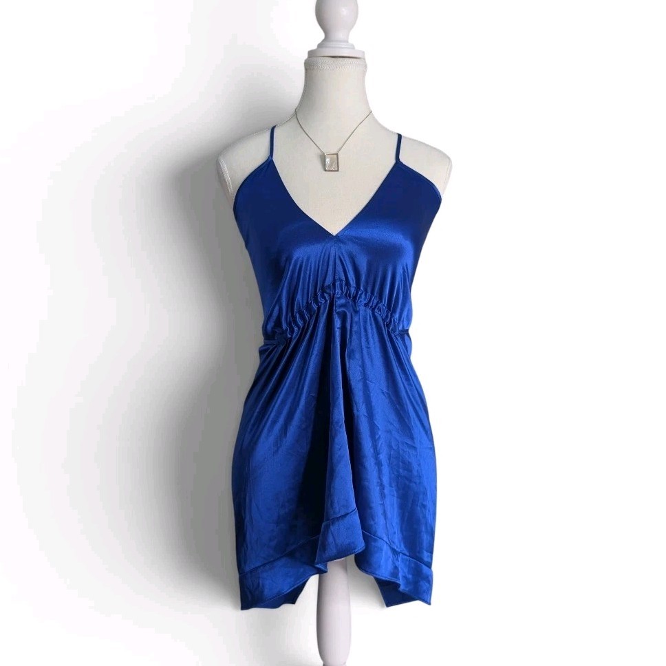 Vintage 90s Y2K Blockout Top Dress Tunic Royal Blue Satin Crossover S Micro Mini