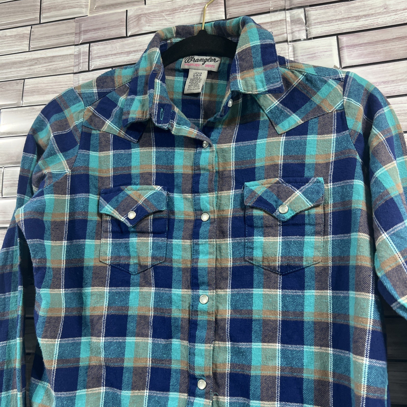 Wrangler Wrancher Women’s S Shirt Plaid Flannel Snap Multicolor Blue Western VTG