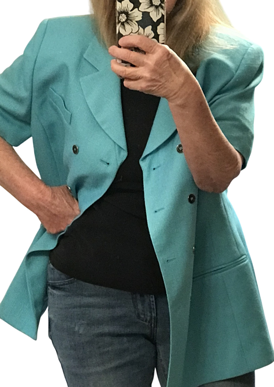 VTG 80s Amanda Smith Suit Jacket, Lined Turquoise Teal Blazer Navy Buttons Sz 16