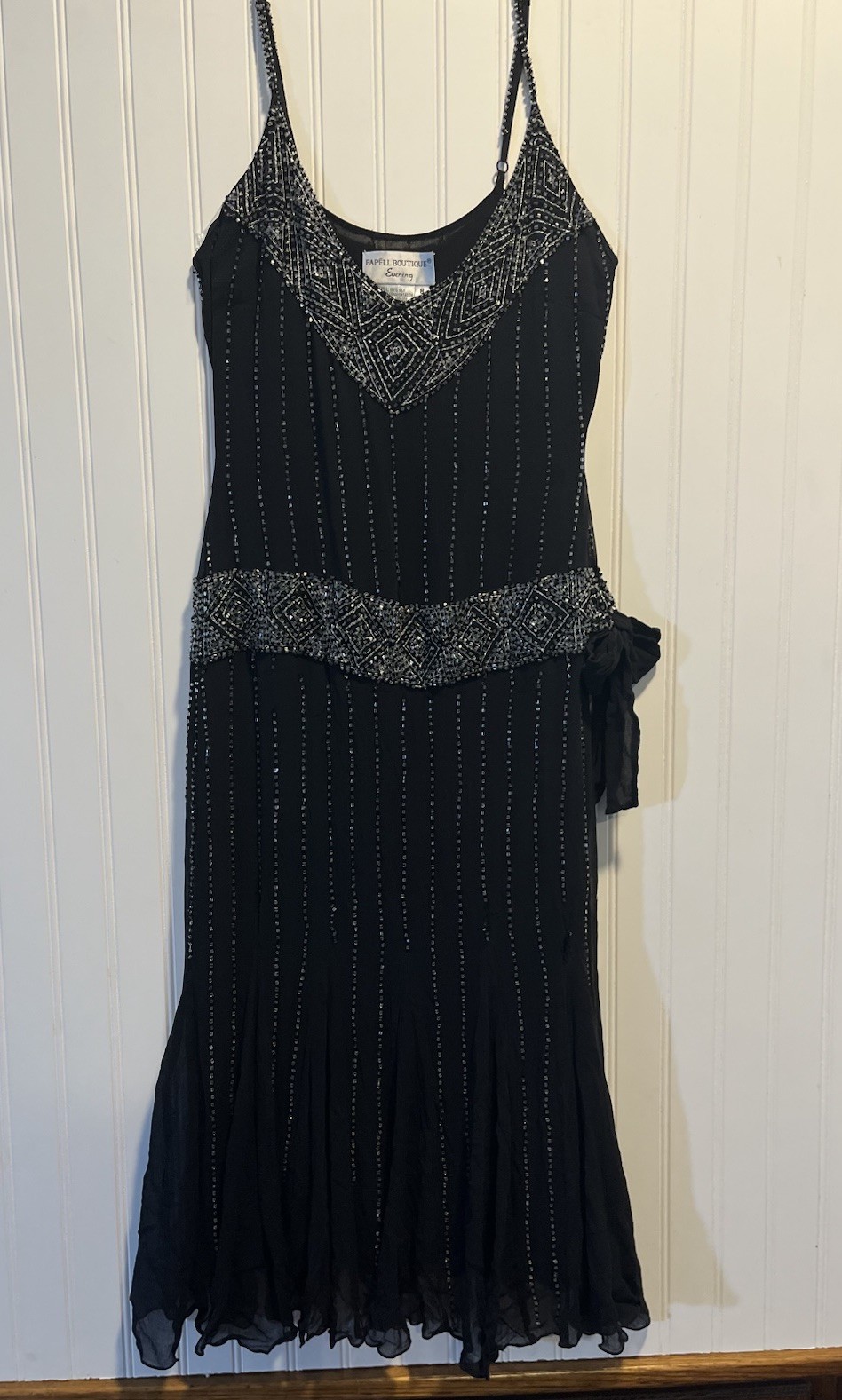 Papell Boutique Evening Black Silk Silver Beaded Cocktail Dress Flapper Gatsby 8