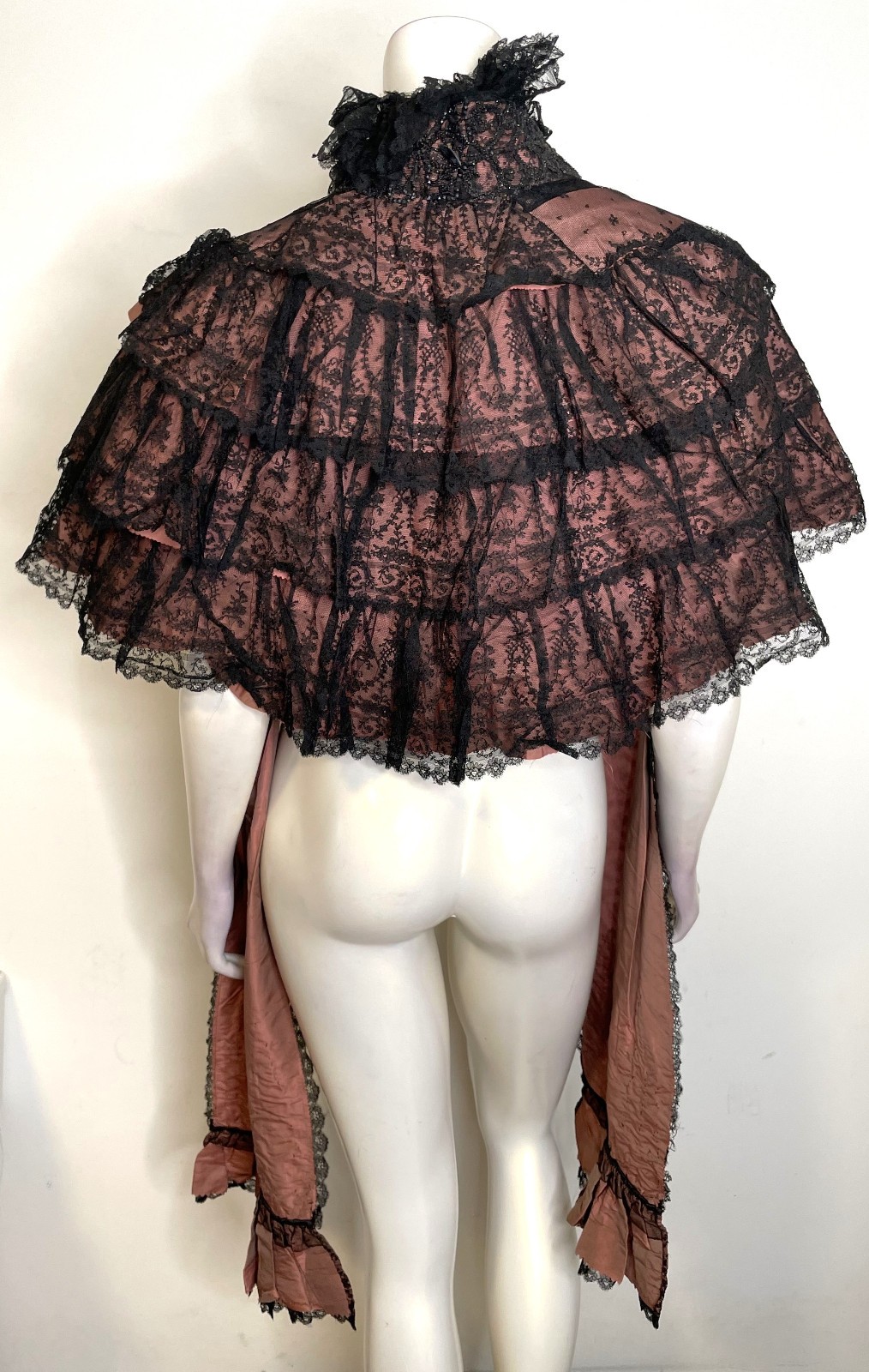 Antique 1800s 1900s Victorian Cape Pink & Black Chantilly Lace Beaded Ruffles OS