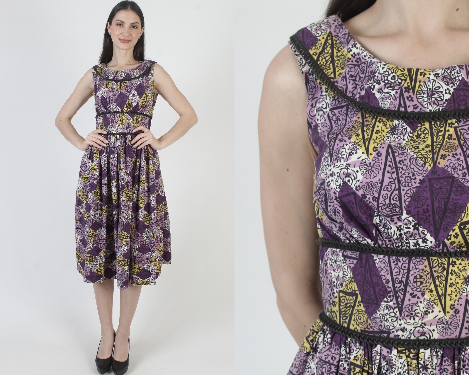 Vintage 50s Atomic Print Dress Metal Side Zipper Rockabilly MCM Mod Sundress