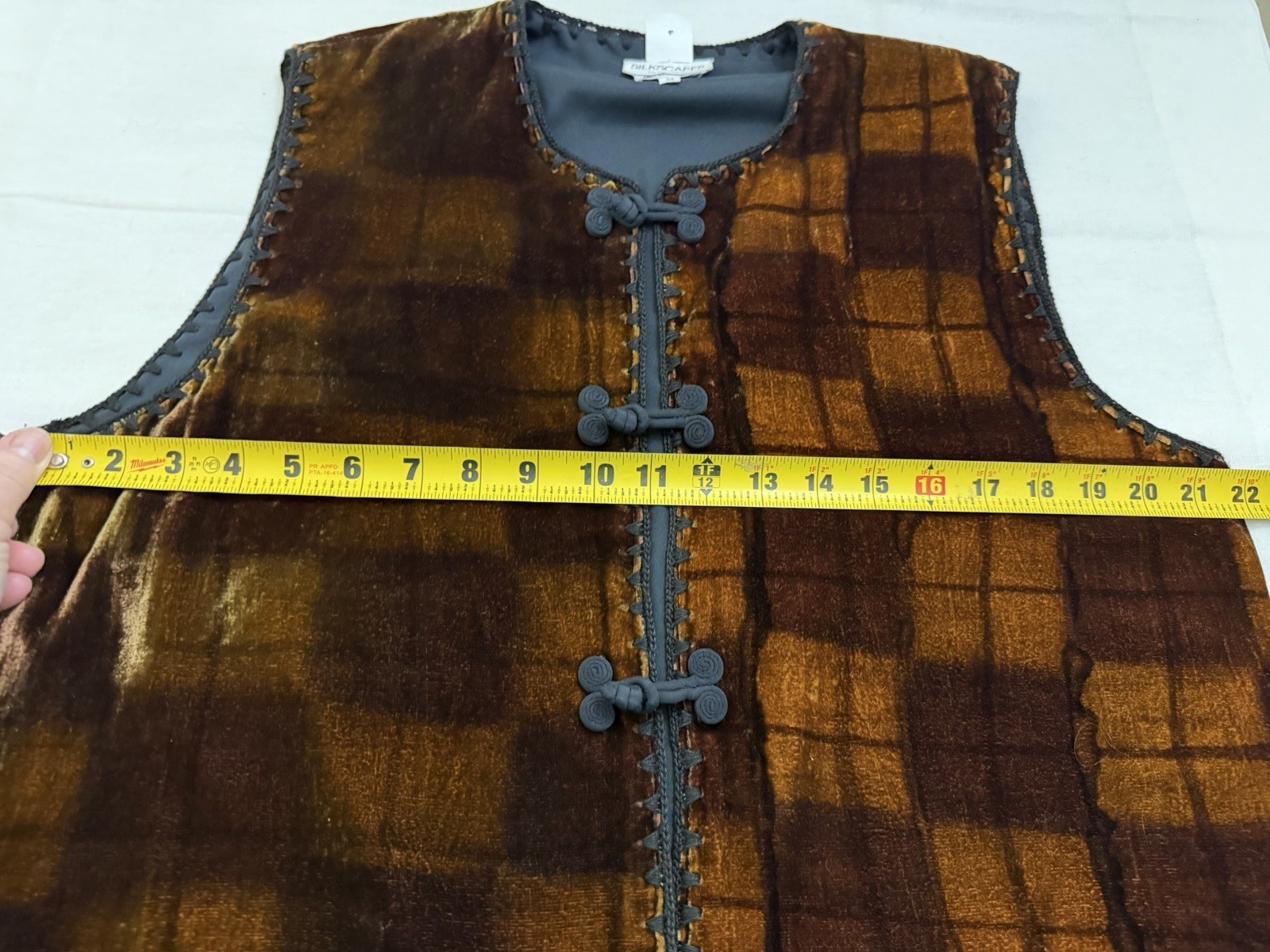 Vintage Silk Scapes Hand Painted Brown Plaid Velvet Vest Toggle Closure M-L Boho