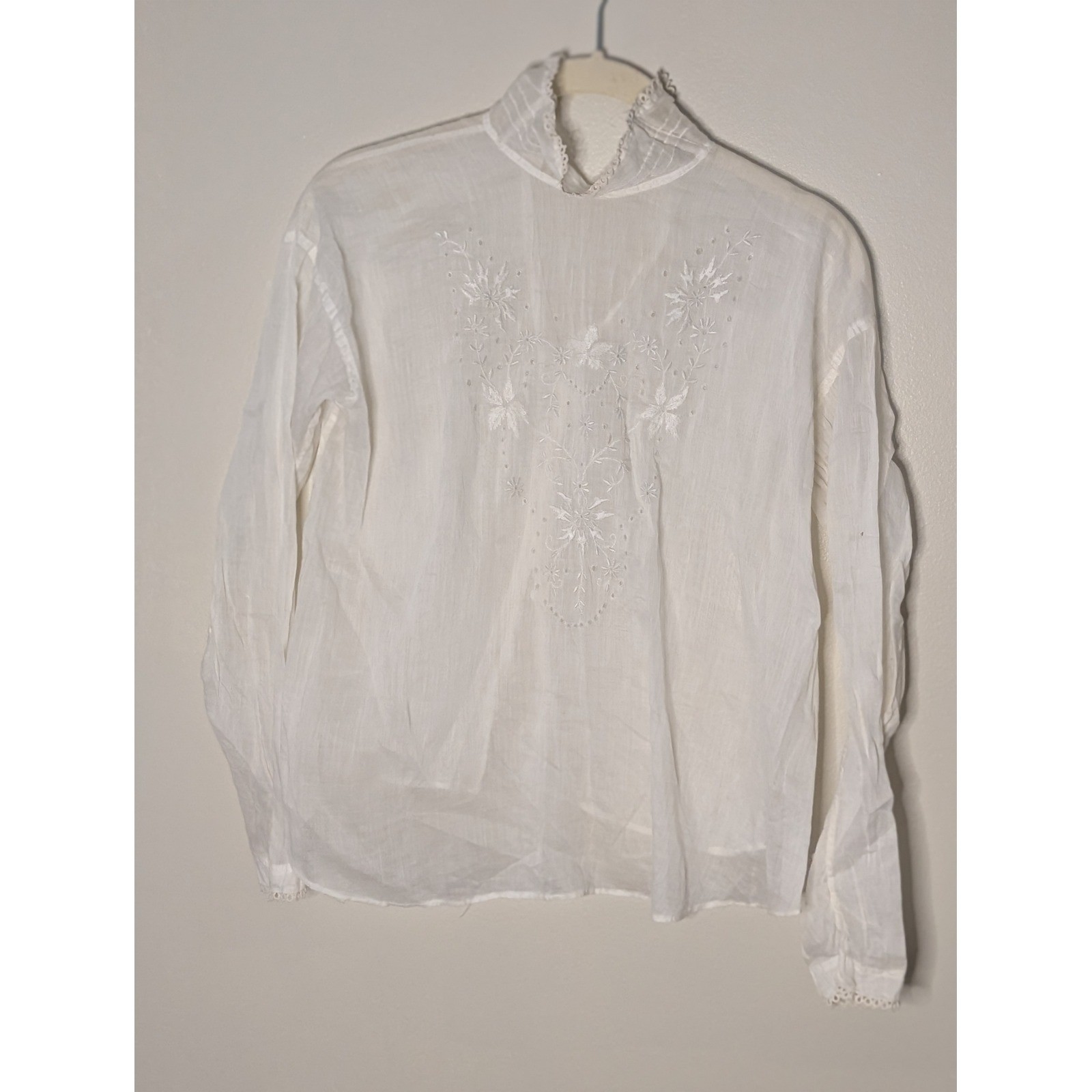 Antique Edwardian White Cotton Lawn Blouse Floral Embroidery Lace High Neck Top