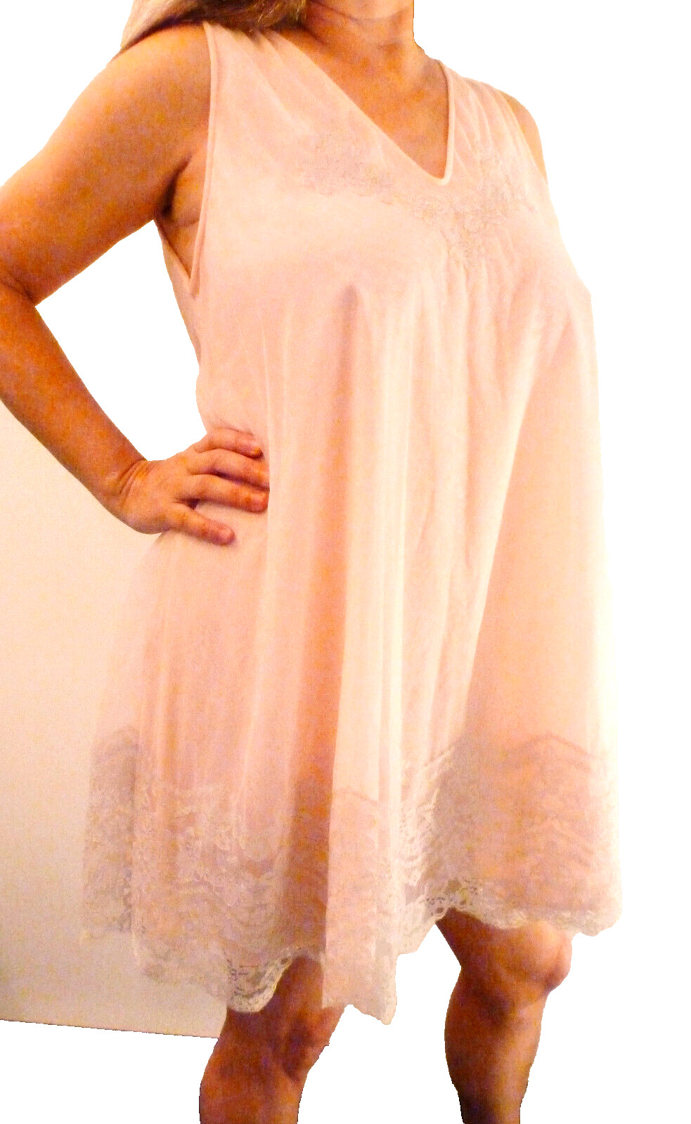 1960s McGREGOR VINTAGE PINK DOUBLE LAYER CHIFFON MEGA-LACY SEXY NIGHTGOWN M EVC