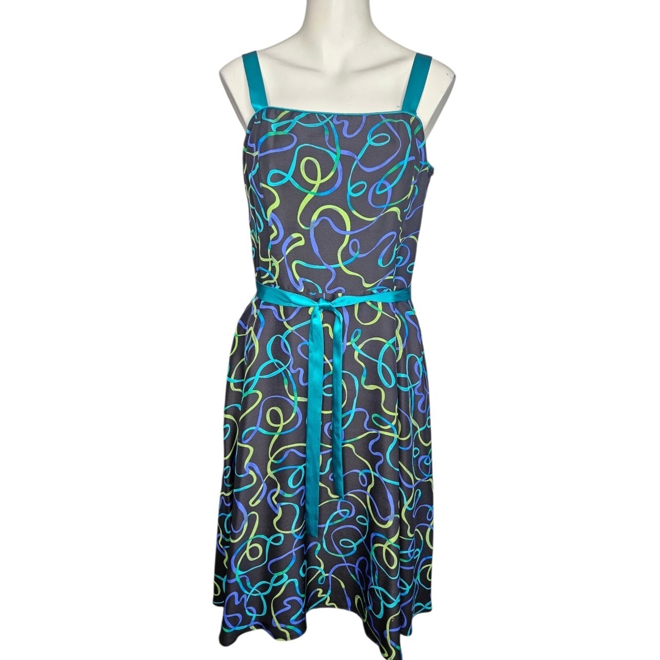 Vtg Spencer Jeremy Vibrant Abstract Ribbon Print Sleeveless Silk Dress Sz 10