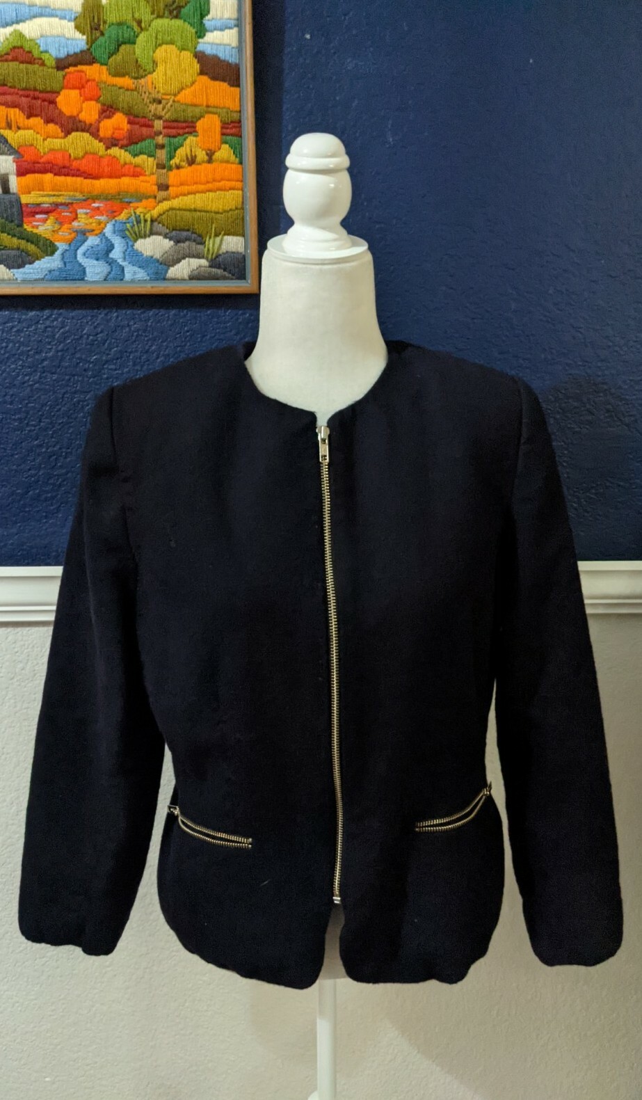 VTG Amanda Smith Black Blazer Jacket Zip Pure 100% Wool Sz 12 Large L