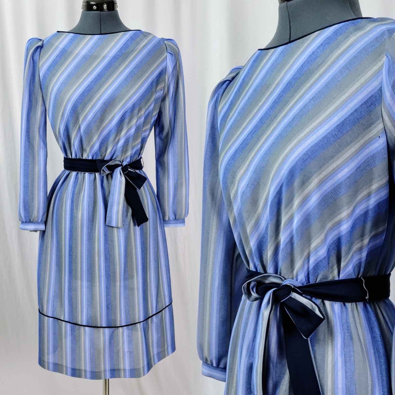 Vintage T & F Blue & Grey Striped Blouson Dress w Navy Accents Size 12P