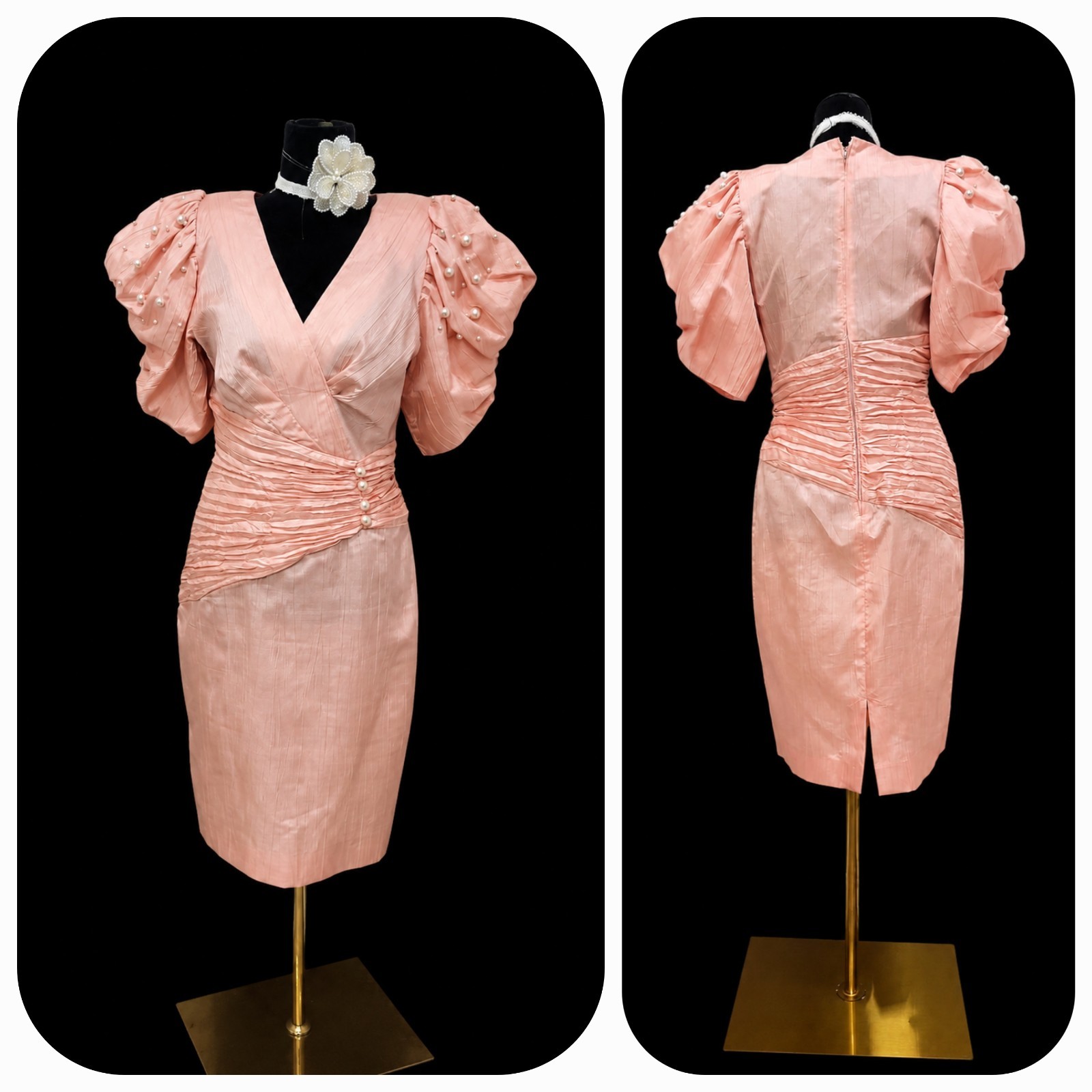 Vintage 80s Peach Cocktail Party Dress Pearl Puff Sleeves Ruched Prom Formal