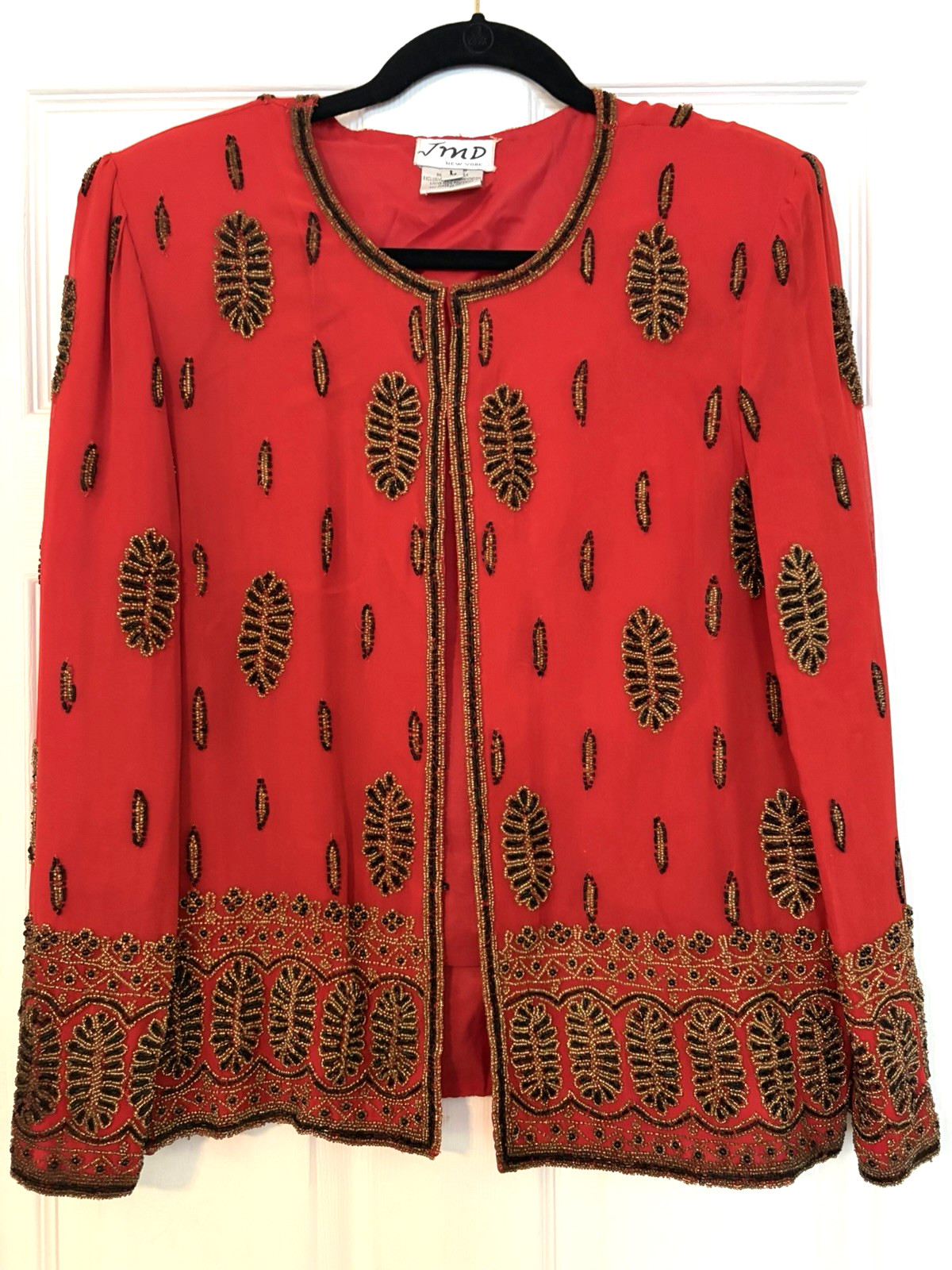Vintage JMD New York Beaded Silk Jacket Red Gold Black Open Front Top Size Large