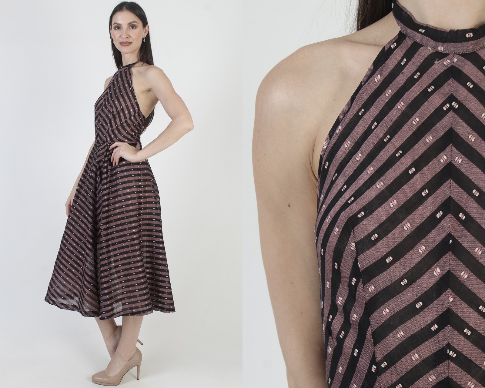 Vtg 50s Chevron Striped Dress Open Back Halter Full Skirt Mid Century Sundress