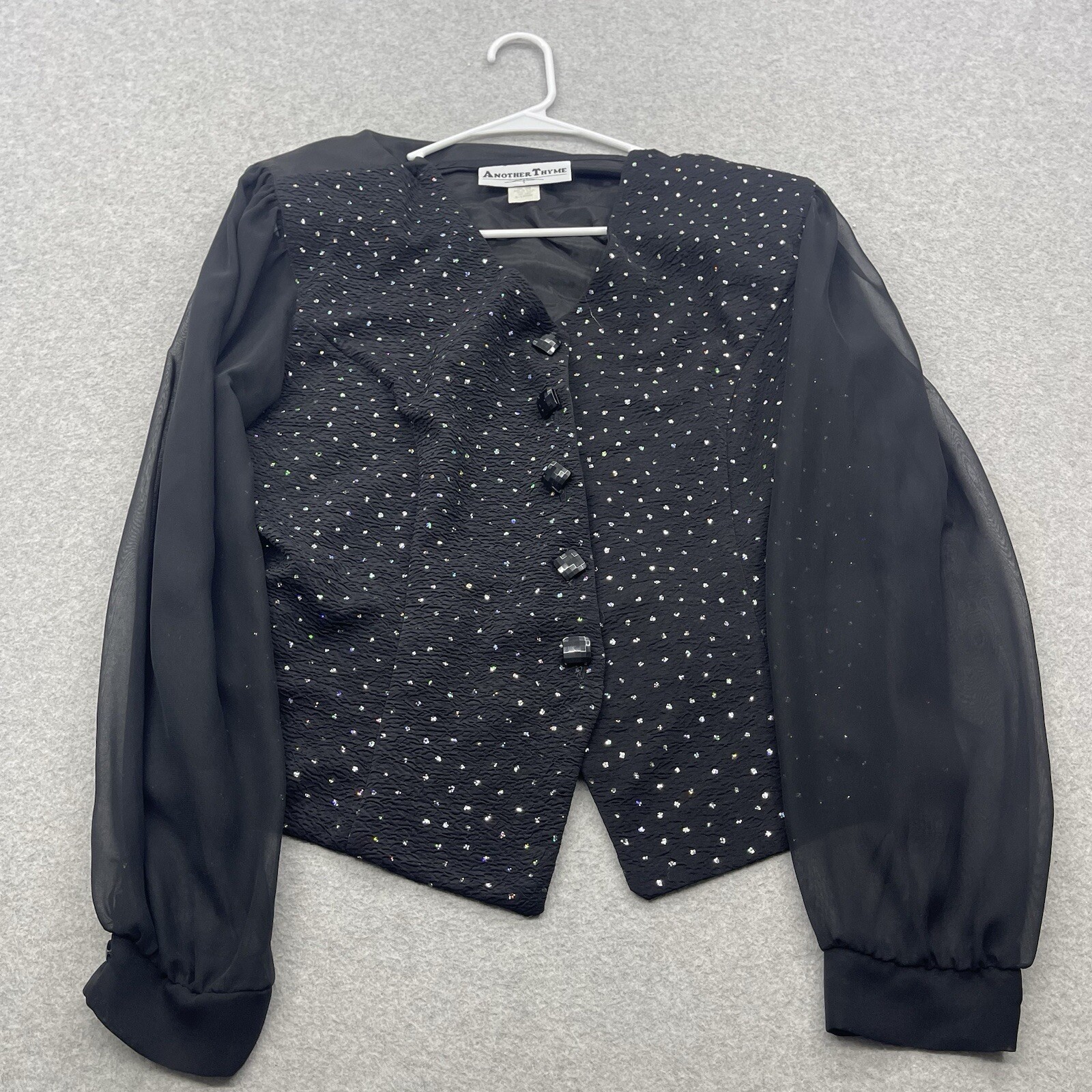 Vintage Another Thyme Blouse Womens XL Black Sheer Sleeves Sequins Made in USA