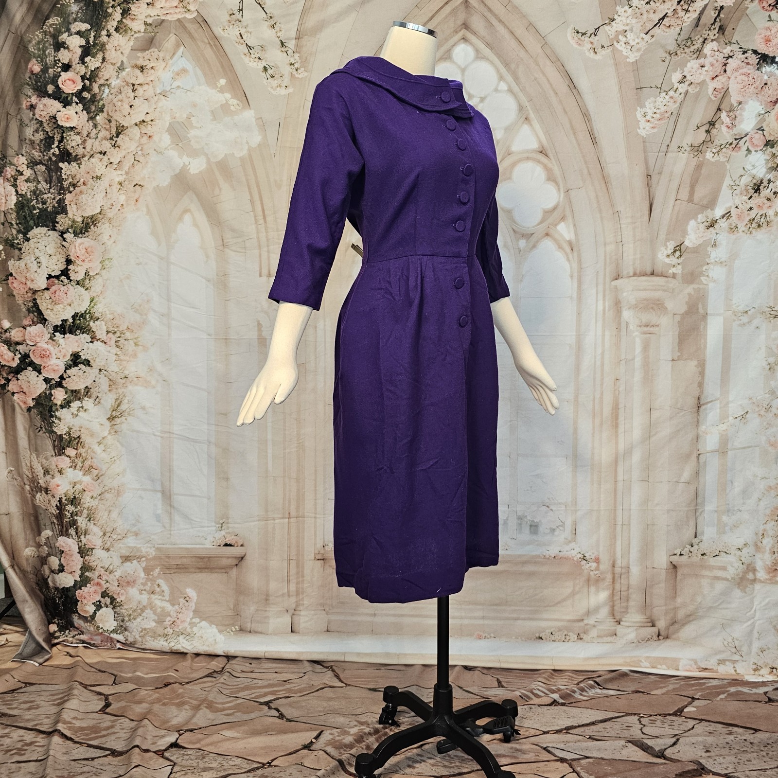 Vintage 1950s Fitted Wiggle Dress Wool Purple A Pomette Fashion Pinup Rockabilly