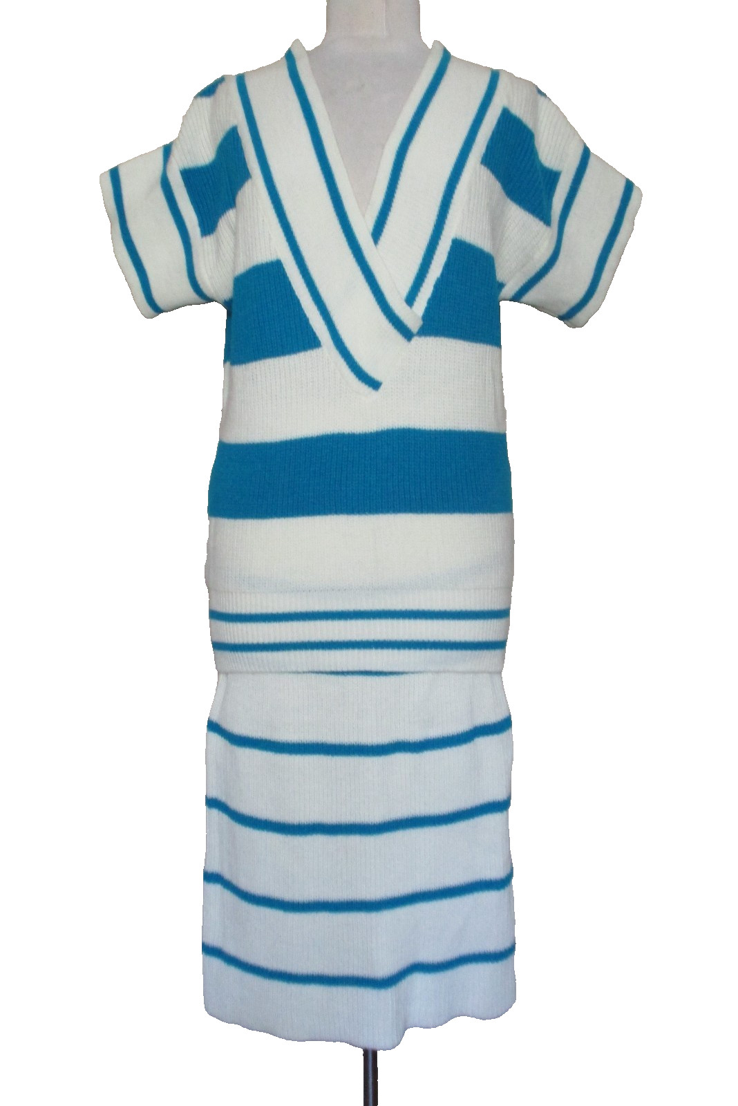 Vintage A’Milano Knit Sweater & Skirt Set M/L Women Ivory Turquoise Striped