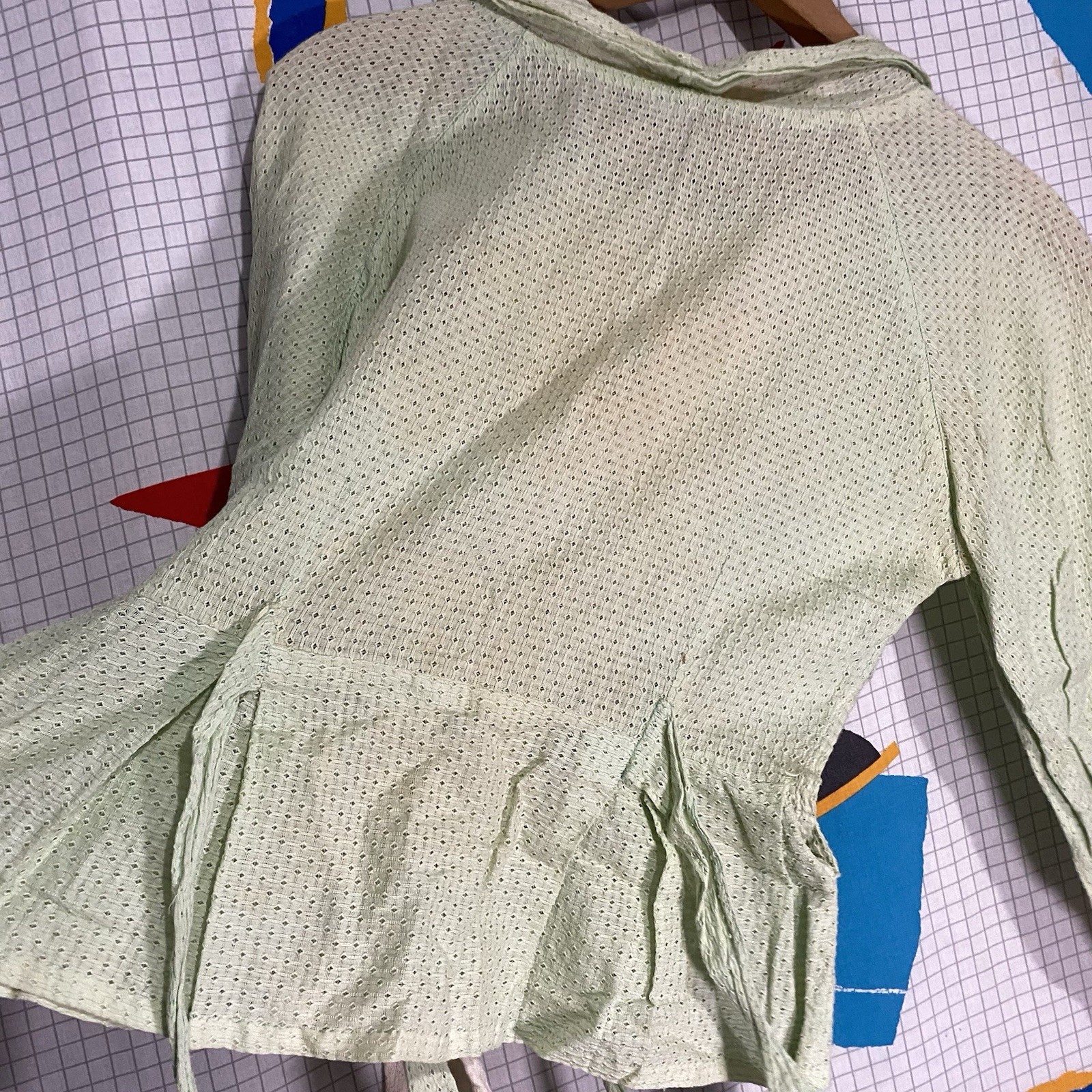 Vintage 1910s Blouse Eyelet Lace Green Cotton Sheer Victorian Edwardian Ties 20s