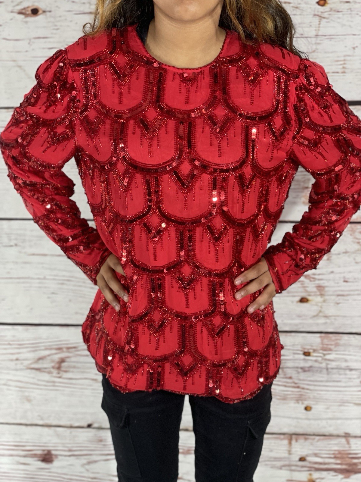 Vintage Niteline Blouse 100% silk beaded & sequins Women size medium