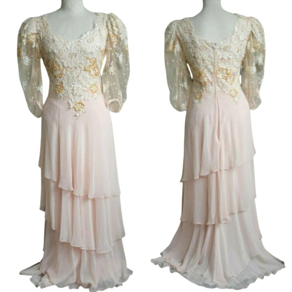 Vtg Judy Hornby Women’s Size Small Silk and Lace Applique Tiered Maxi Gown