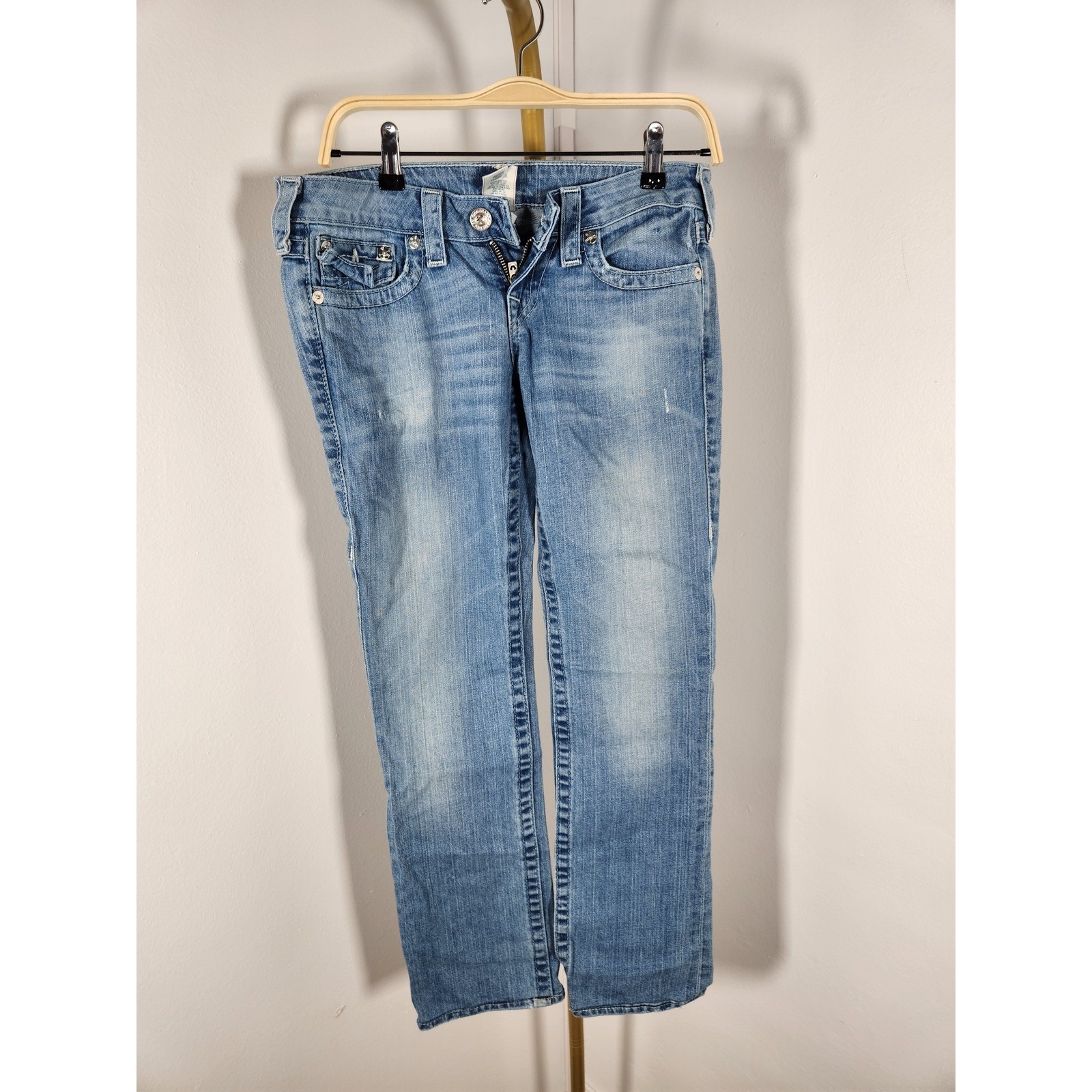 VTG Womens True Religion World Tour Low Rise Distressed Straight Jeans Size 26
