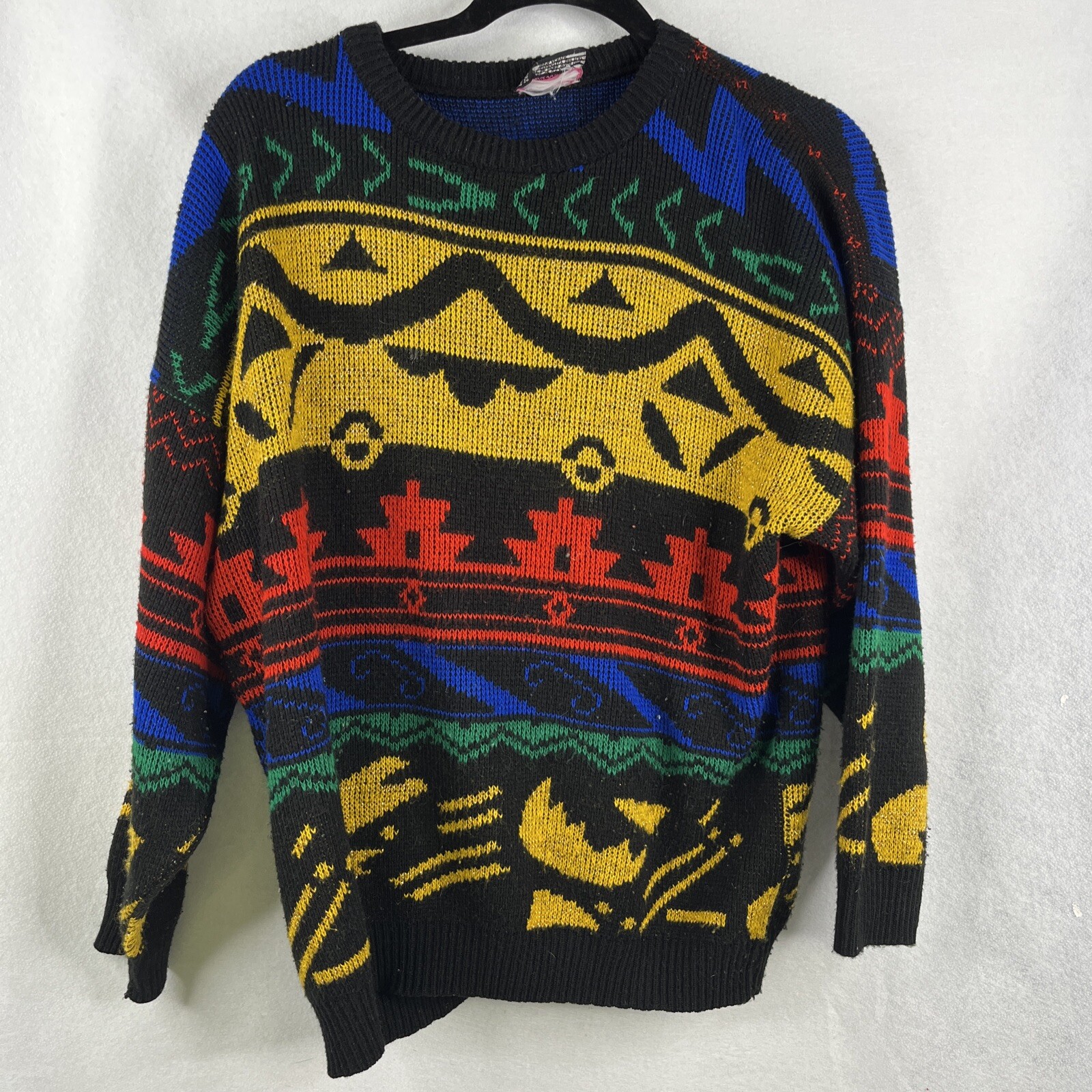 Vintage Fortune Knits Inc Womens Long SleeveSweater Black Blue Green Yellow Red