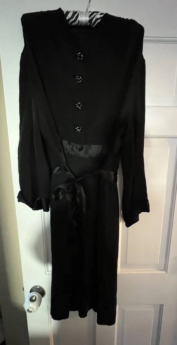 Vintage 1940’s WWII Era Black Dress With Rhinestone Studded Buttons M/L