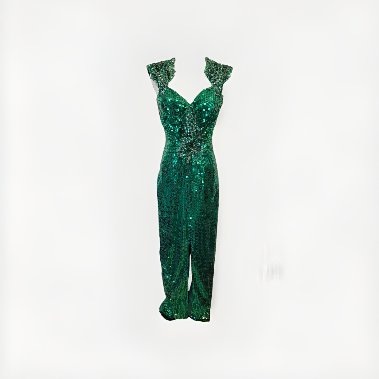 Vintage Alyce Designs Emerald Green High Slit Formal Dress Sequins