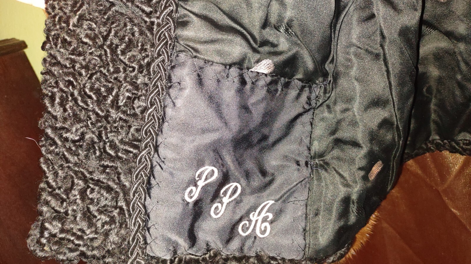 Vintage Persian Black Curly Lamb Wool Coat Brown Mink Fur Collar Satin Monogram