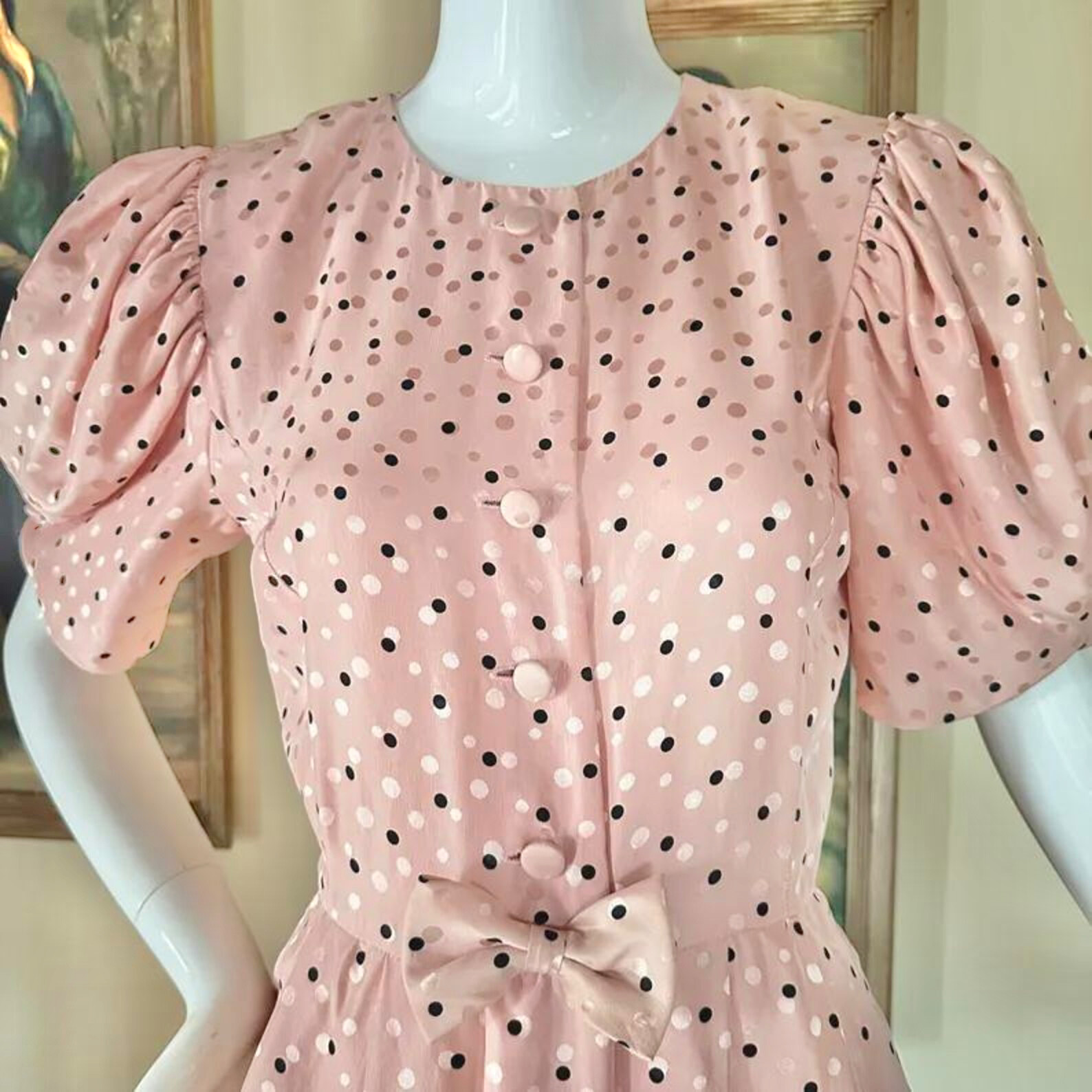 Vintage 1980s Pink Polka-dot Puff Sleeve Coquette Silk Party Day Dress XS/S