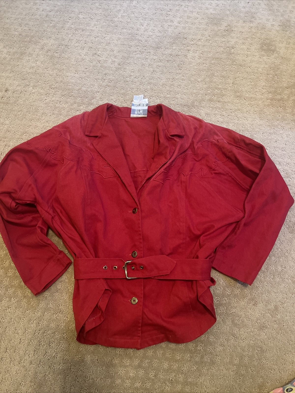 Vintage Together! Red Cotton Blazer Belted Shoulder Pads