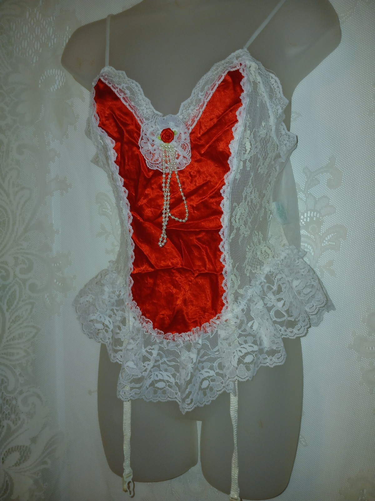 Vintage 80s Nan Flower Red Satin White Ruffled Lace Teddy Lingerie Garters M