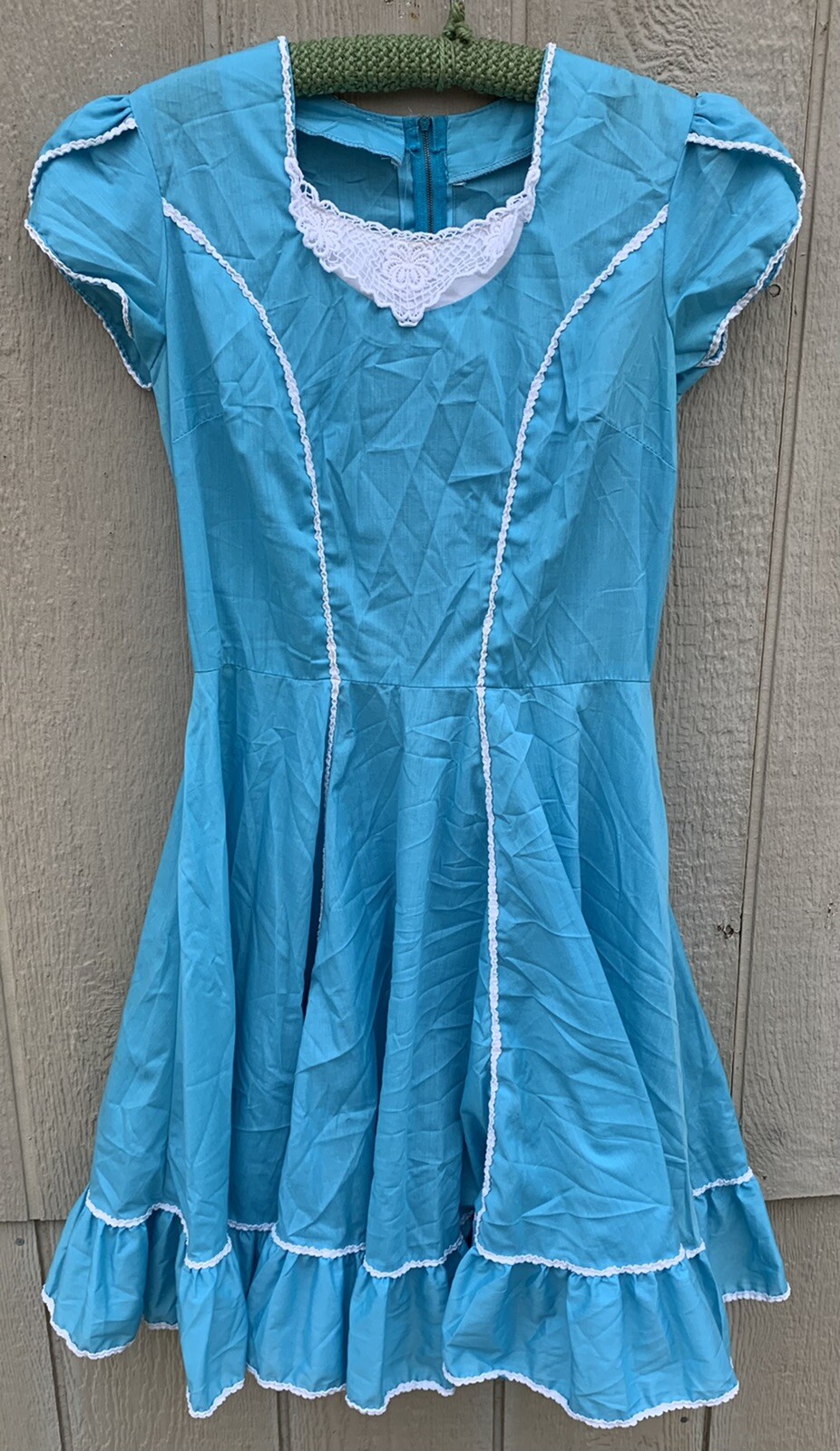 vintage square dance dancing dress with metal zipper blue with white accents