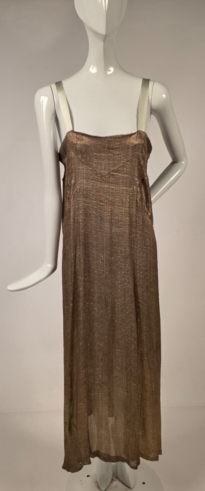 ART DECO 1920’S METALLIC GOLD LAME SLIP DRESS W RIBBON SHOULDER STRAPS
