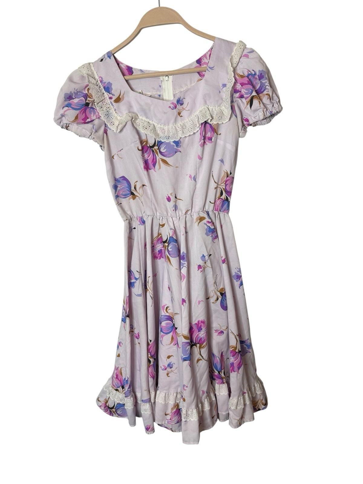 Vtg Pete Bettina Square Dancing Dress Fit & Flare Purple Floral eyelit