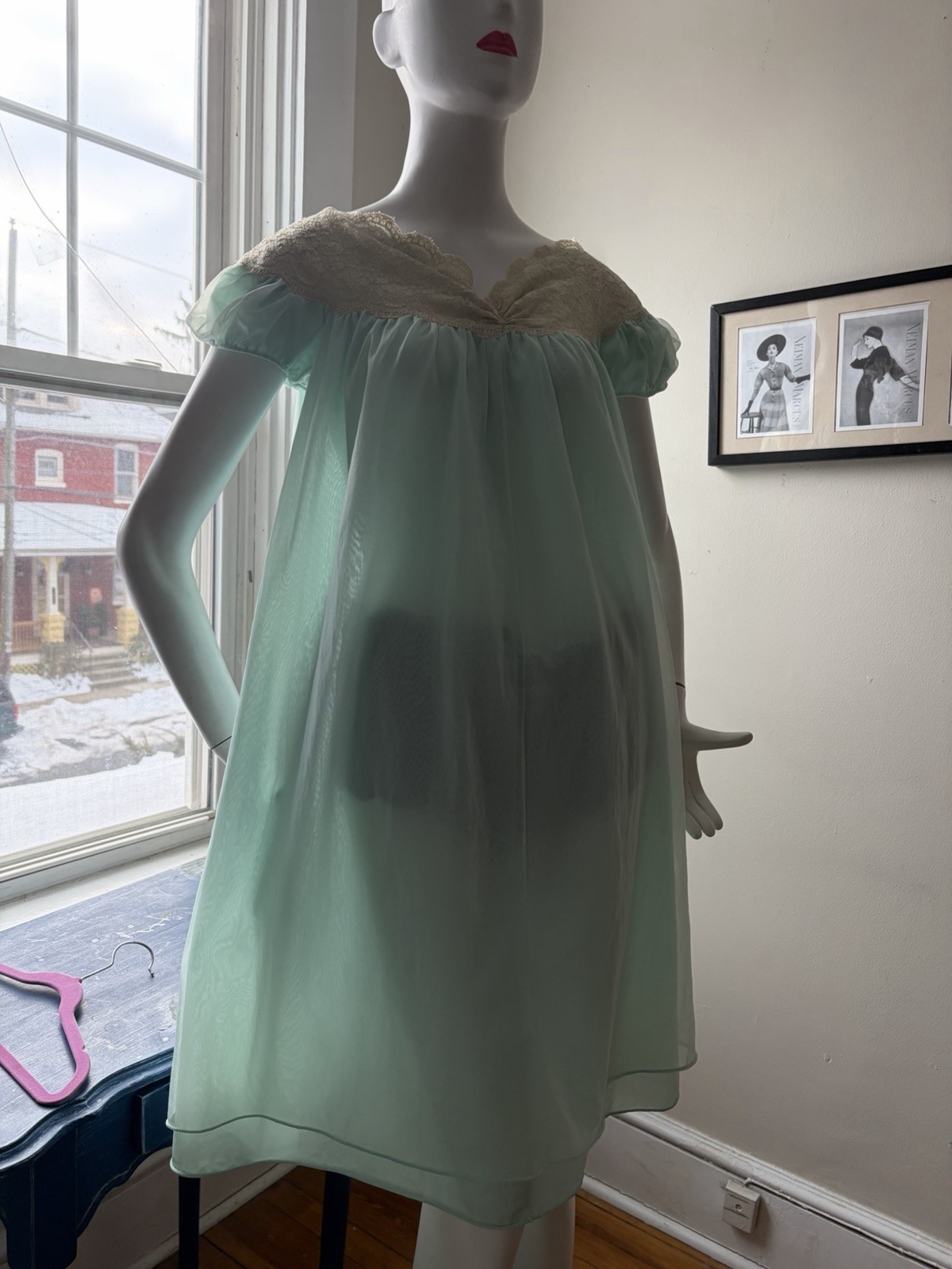Vtg Hollywood Designer Sheer Chiffon Peignoir Robe Shorti Nightgown Set L X